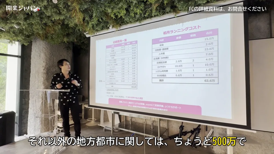 初期費用一覧と初月ランニングコストのスライドを前に地方都市の初期費用を説明する場面
