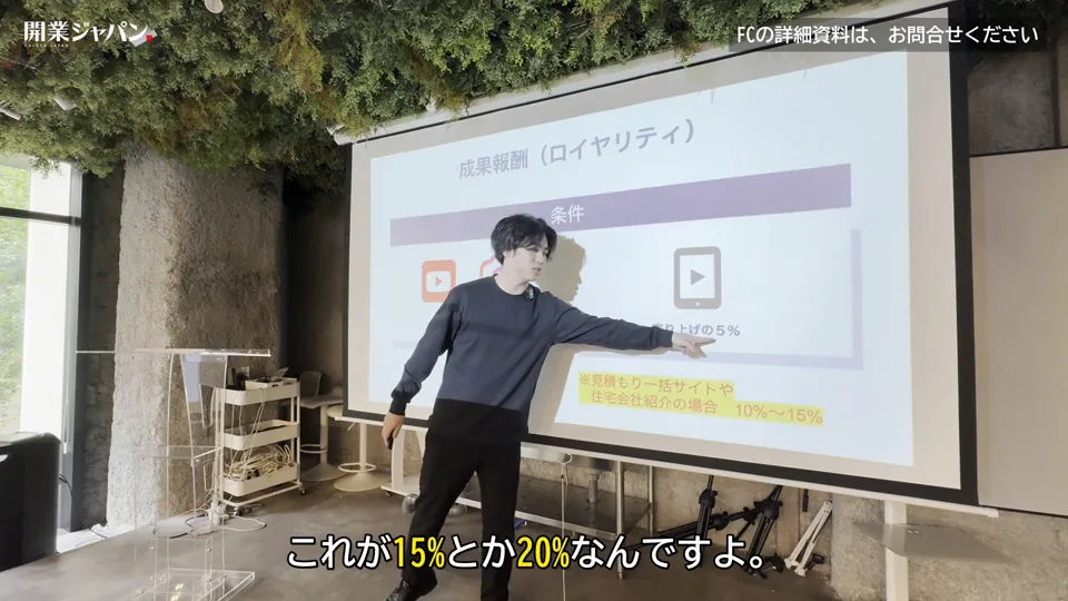 成果報酬(ロイヤリティ)のスライドを指しながら下請けの手数料相場を説明する三輪社長