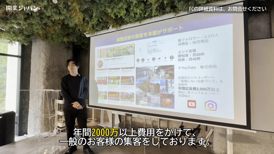 本部集客サポートのスライド。総フォロワー2.3万人・月再生50万回・年間広告費2,000万円以上の数字が映る