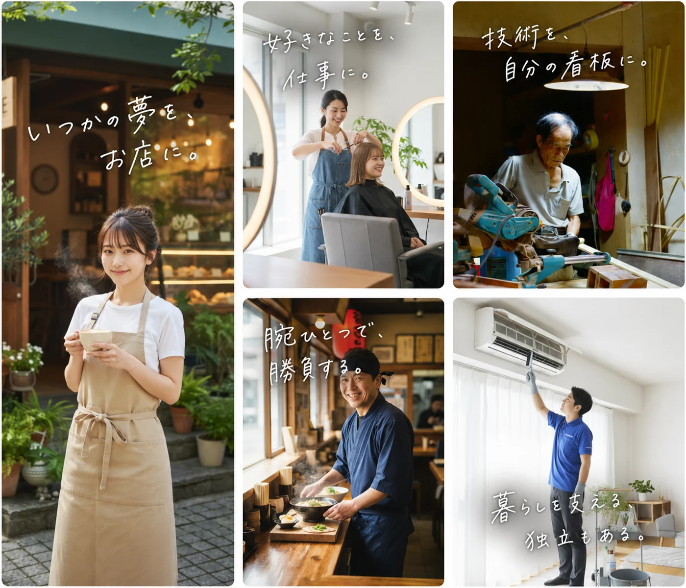 カフェを開いた女性「いつかの夢を、お店に。」美容師「好きなことを、仕事に。」建具職人「技術を、自分の看板に。」そば店主「腕ひとつで、勝負する。」ハウスクリーニング「暮らしを支える、独立もある。」